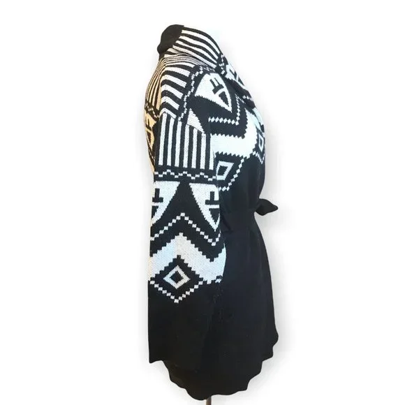 RACHEL ROY BLACK WHITE WOOL Belted CARDIGAN Sweater - Picture 2 of 6